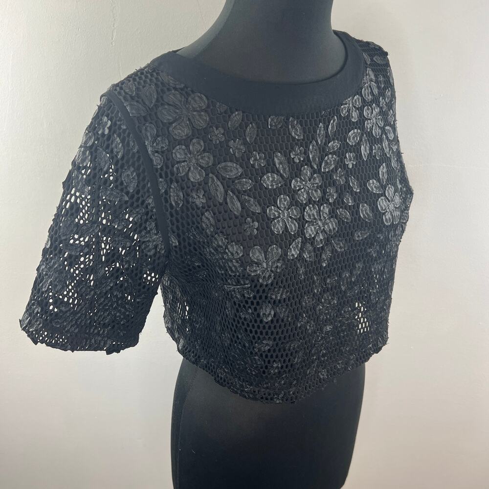 GRACIA Black Top Mesh Floral Crew Neck 3/4 Sleeve Back Zip Classic Size Large L - Picture 4 of 8